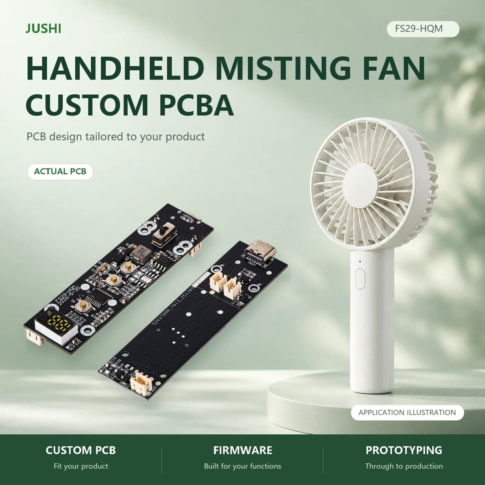 Handheld Misting Fan Control Board, application illustration and actual PCB