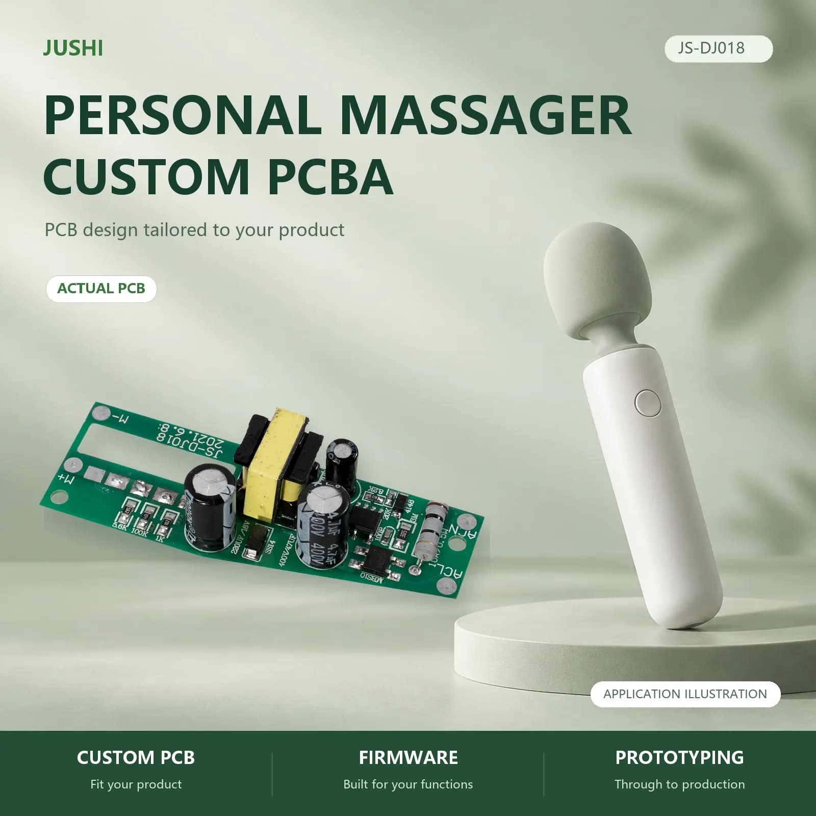 Personal Massager Control Board, application illustration and actual PCB