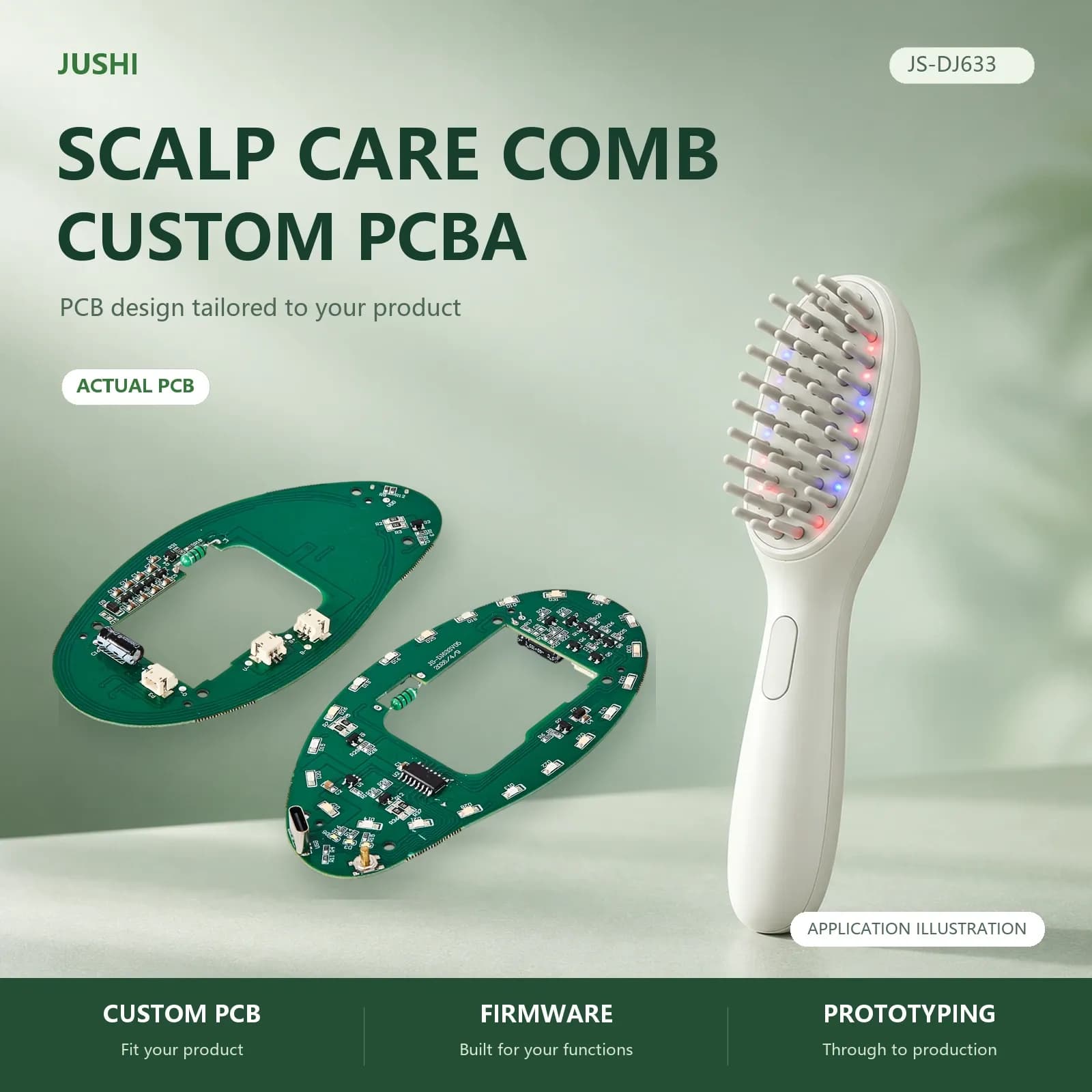 Scalp Care Comb Control Board, application illustration and actual PCB