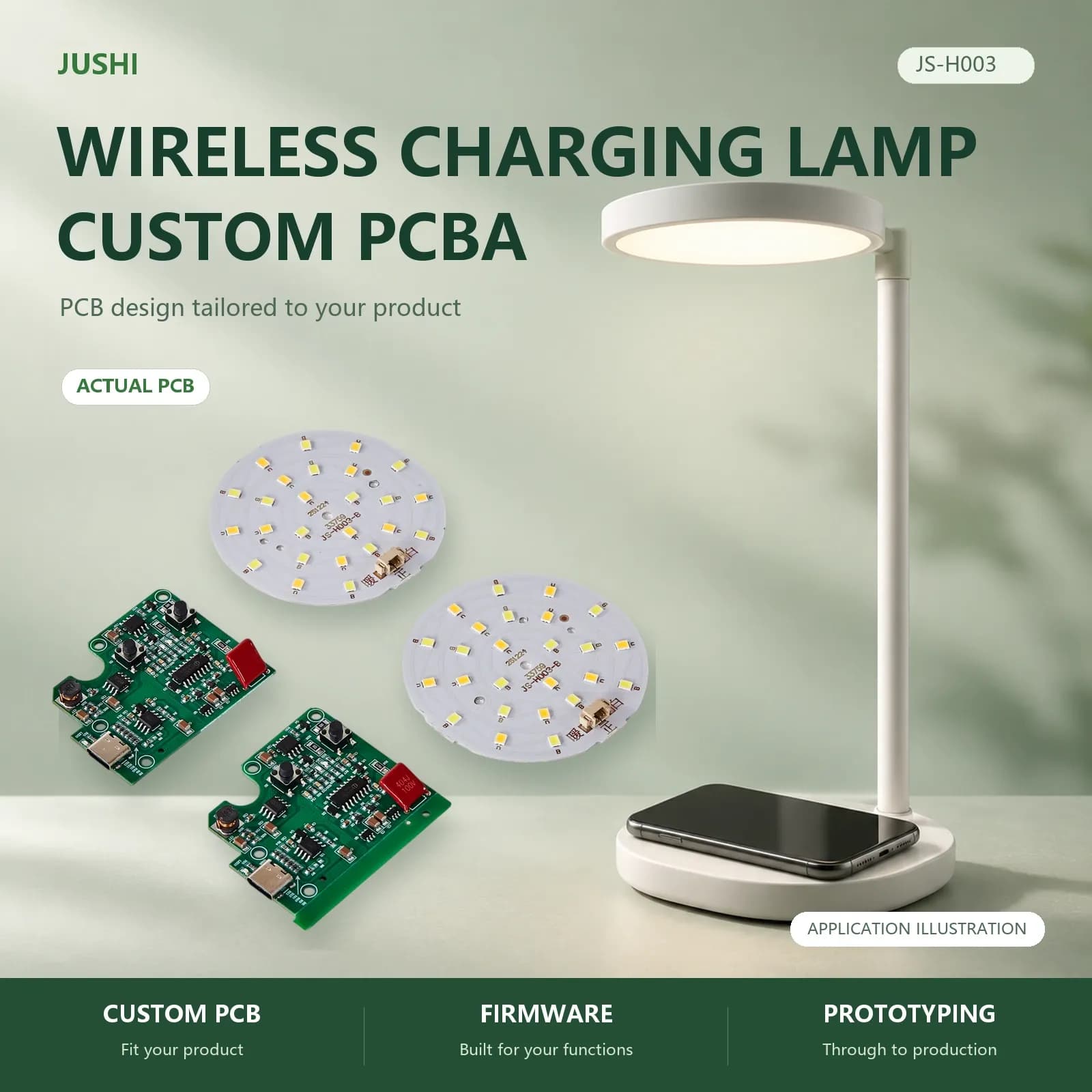 Wireless Charging Lamp Control Board, application illustration and actual PCB