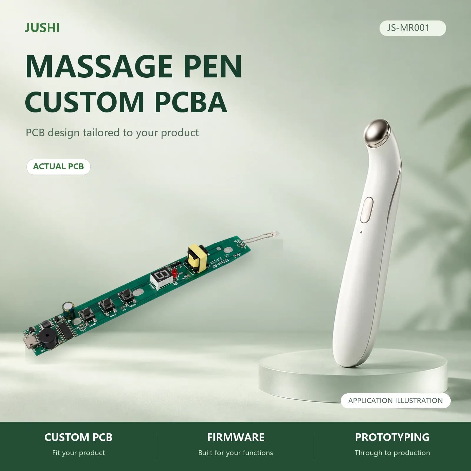Massage Pen Control Board, application illustration and actual PCB