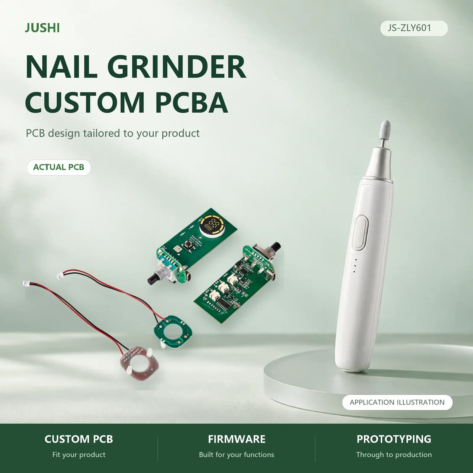 Nail Grinder Control Board, application illustration and actual PCB