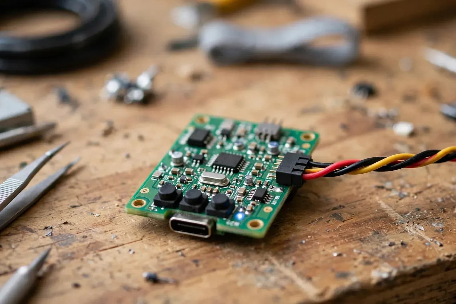 Close-up of a green desktop small fan control board with Type-C port, buttons and motor wiring
