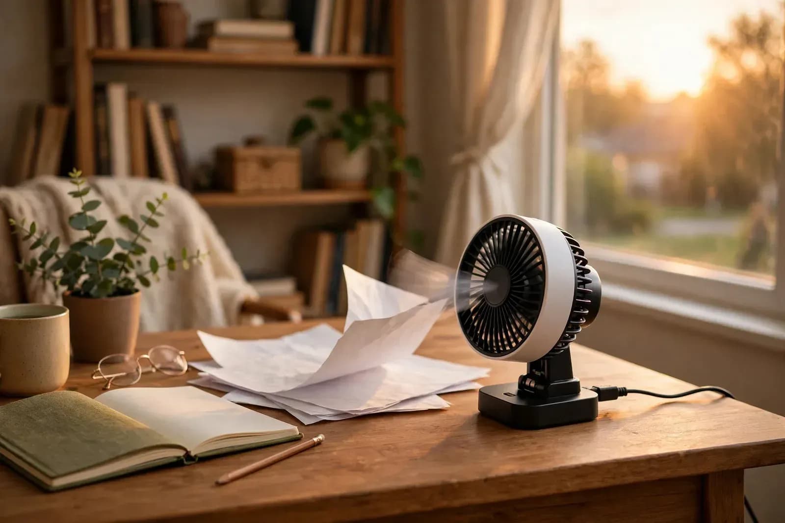Black desktop small fan blowing air across papers on a study desk in warm evening light