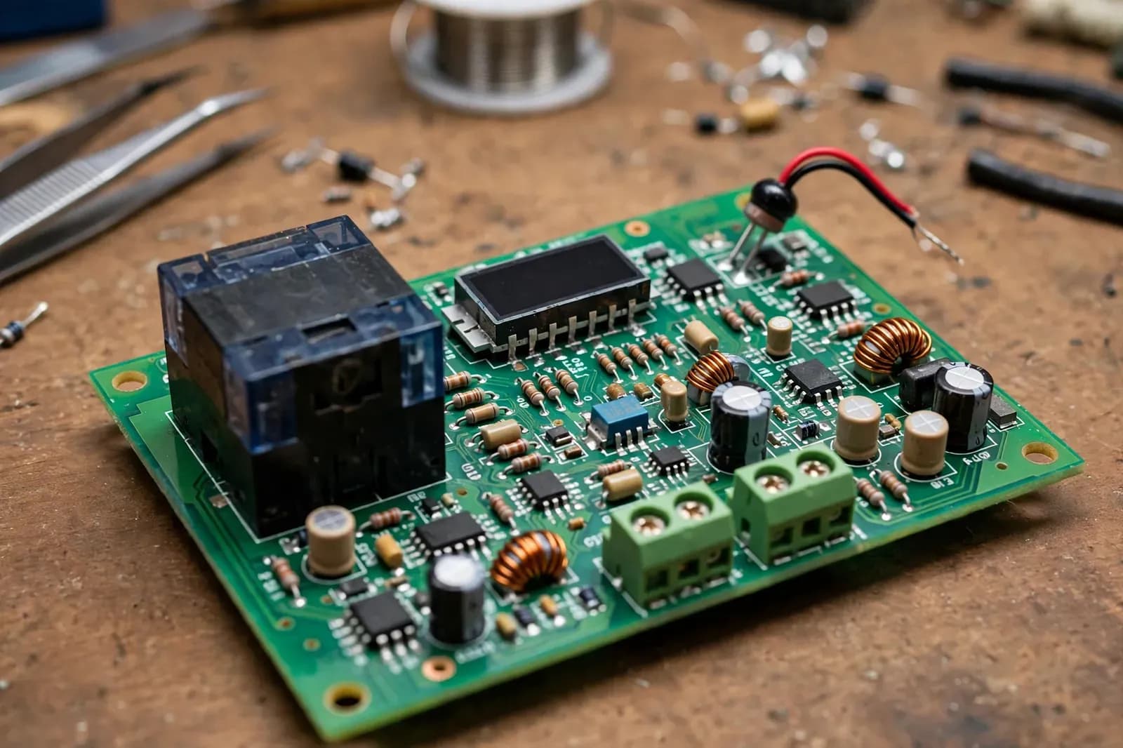 Close-up of a green space heater control board with relay, display module and terminal blocks